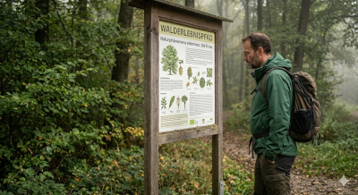 Ein Mann steht vor einem Schild eines Walderlebnispfades