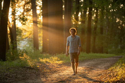 Ein Mann geht barfuß und glücklich durch den wald
