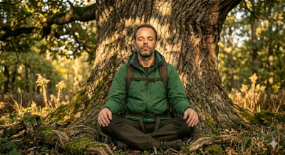 Ein Mann meditiert vor einer Eiche