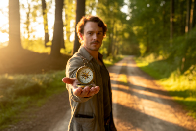 Ein Mann im Wald hält einen Kompass in die Kamera