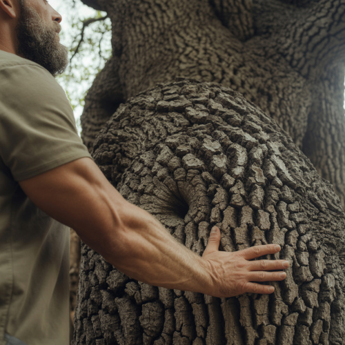 Ein Mann greift auf einen dicken Eichenstamm im Wald